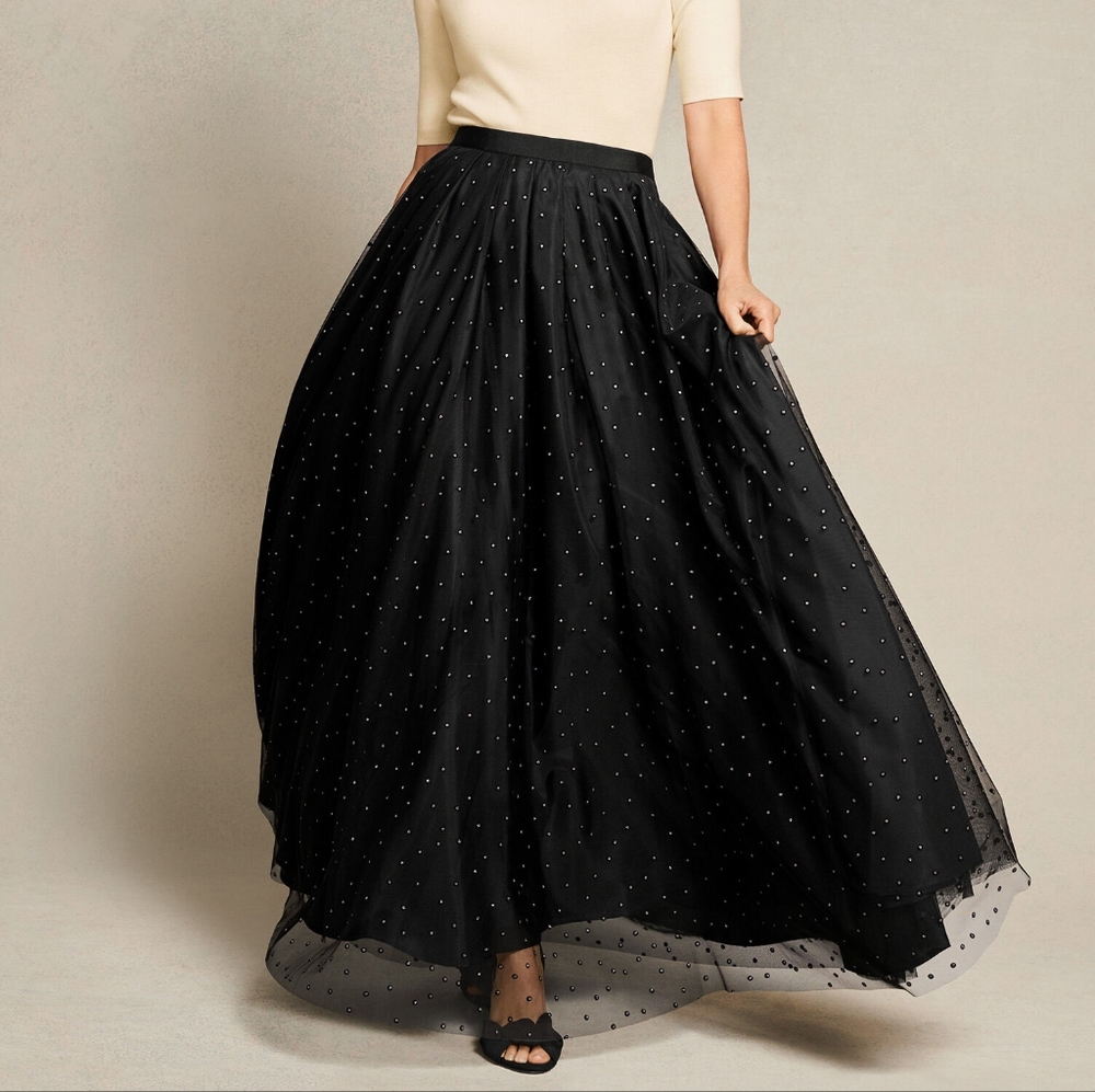 Talbots Elegant Black Maxi Skirt with Dots